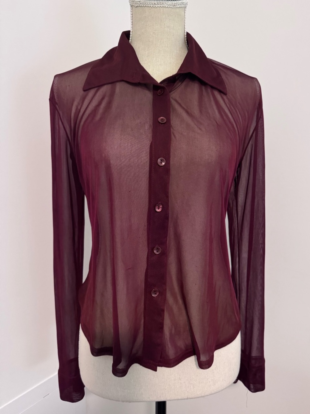 Anxiety Cafe Burgundy Sheer Collared Long Sleeve Button Down VTG Top Blouse M